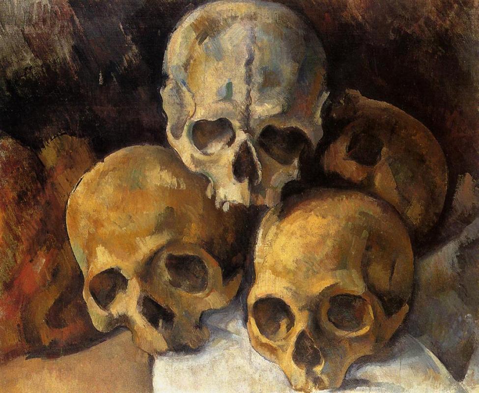 oil painting of human skull stacked in pyramid