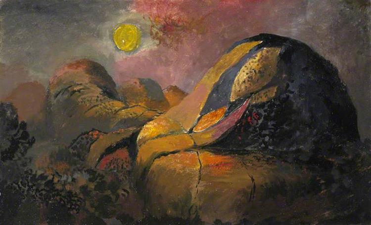 oil painting of two hills and a setting sun