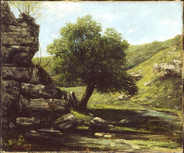 Painting of a tree next to a cliff in a valley